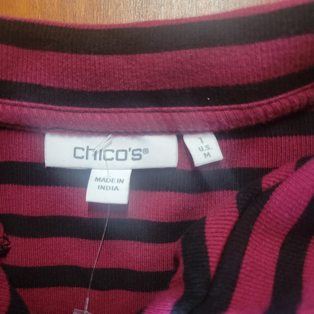 Chico's Sweater Zenergy Stripe Mock Neck Zipper Tee Red Black Medium 1 Striped - Picture 6 of 10